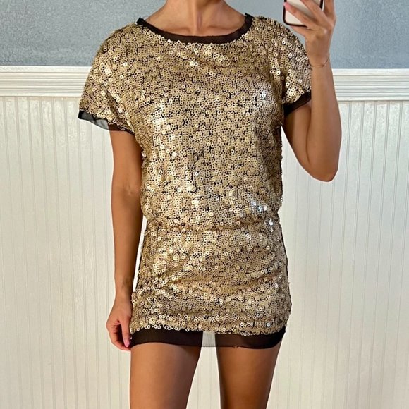 Aidan Mattox Gold Sequins Black Mesh Sequin Short Sleeve Mini Dress 0 - Picture 1 of 5
